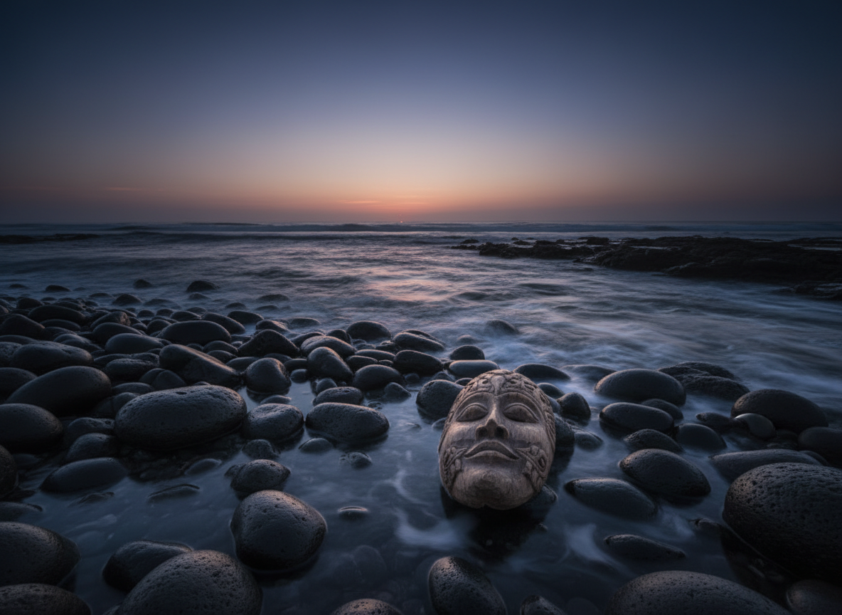 A rugged shoreline at twilight where waves rhythmically wash over smooth black stones, each retreating wave leaving behind a mirror-like sheen that reflects the deep indigo sky and a thin band of rose-gold at the horizon. On the wet stones rests a single, intricately carved wooden mask, half-submerged, its features softened by years of water and salt, hinting at identities long worn and now released. The scene is lit by the last, low light of day, creating subtle highlights along the mask’s edges and gentle shadows between the stones. Photographic realism, captured from a low angle with a wide lens for sweeping depth, evoking surrender, authenticity, and the ongoing dance of loss and renewal.