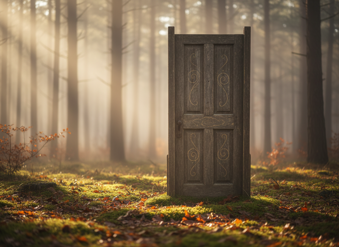 A weathered wooden doorway standing alone in a misty clearing at the edge of an ancient forest, its panels etched with faint, swirling patterns of gold leaf that catch the light. The ground around it is covered in damp moss and scattered autumn leaves in rust, amber, and deep burgundy, gently curling at the edges. Soft early-morning light filters through tall pines, creating long, delicate shadows and a subtle halo around the doorway. Photographic realism, shot at eye level with a shallow depth of field so the forest melts into a velvety blur, evoking transition, mystery, and the sense of stepping into a new chapter of life’s journey.