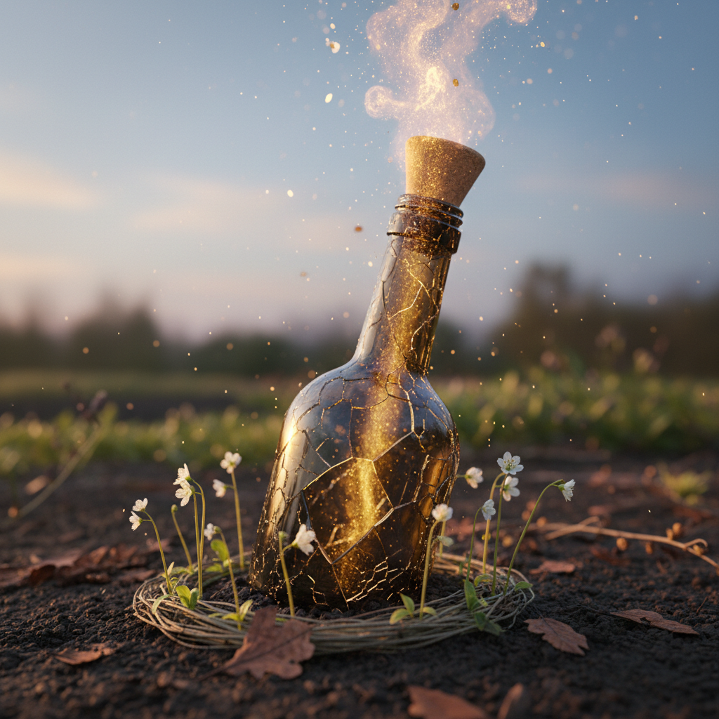 A cracked, dark glass bottle half-buried in rich, loamy soil of a garden bed, its cork pushed out as luminous golden mist and tiny, abstract light forms pour upward, expanding into the dusk sky. Around the bottle, tender green shoots and white blossoms emerge from decomposing brown leaves and twigs, showcasing life rising from decay. Gentle golden-hour sunlight slants across the scene, glinting on the glass and illuminating specks of soil in the air. Photographic realism with a low, close-up angle, crisp focus on the bottle and mist, background softly blurred, creating a mood of liberation, healing, and the release of long-held energy into spiritual renewal.