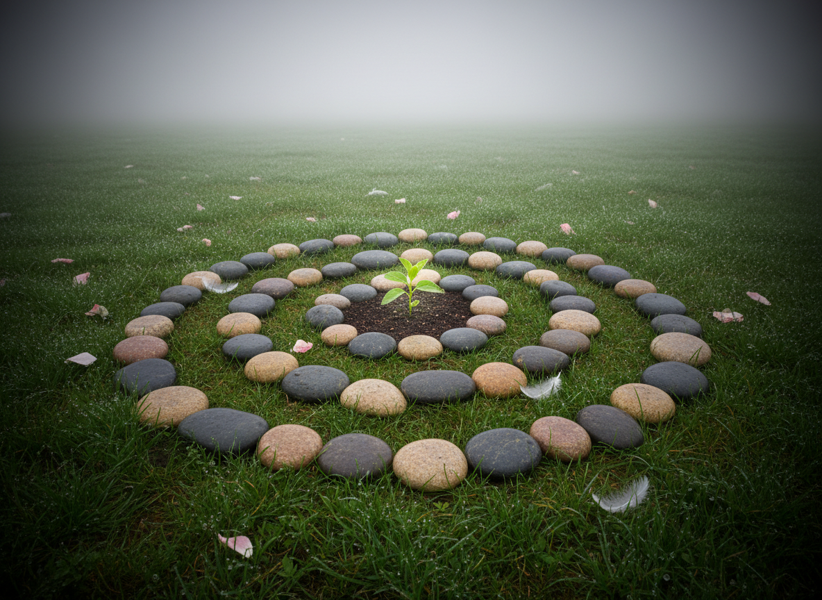 A spiral stone pathway made of irregular, smooth river rocks in shades of slate, sand, and muted rose, winding inward across a quiet meadow toward a single, luminous seedling pushing up through dark compost at the center. The surrounding grass is dew-kissed and soft, with a few feathers and fallen petals scattered along the path like subtle markers of past stories. Overhead, an overcast sky diffuses silvery light, bathing everything in a calm, contemplative glow. Photographic realism, shot from a slightly elevated angle using the rule of thirds, with gentle vignetting at the corners to draw the eye inward, symbolizing the journey into one’s true myth and gradual rebirth.